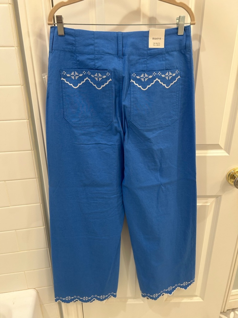 Anthropologie Colette Blue Linen Lace Trim Full Length Wide Leg Pants Maeve 30 - Picture 7 of 12